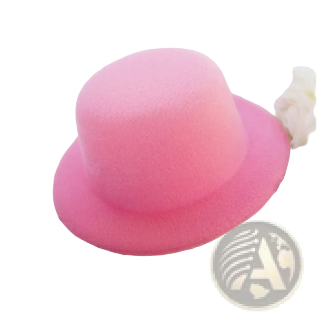 A soft pink felt bowler hat with rounded crown and wide brim for 60cm plush doll fashion accessory