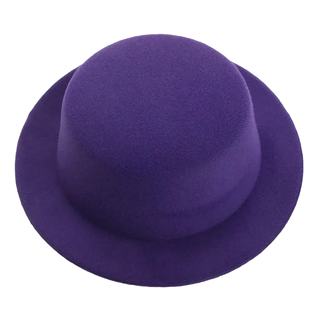 A solid purple felt bowler hat with a rounded crown and wide brim for 60cm plush doll fashion accessory