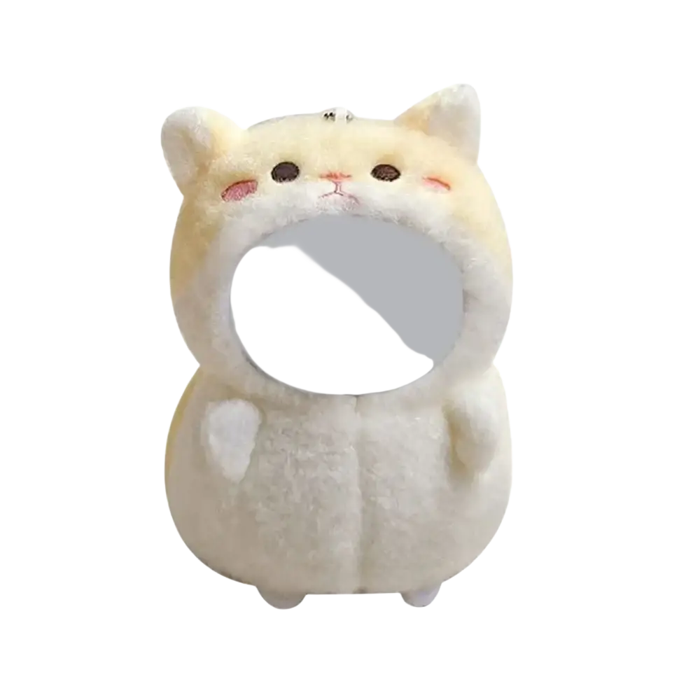 Adorable cream-colored plush cat-shaped mirror with soft fluffy texture and embroidered facial features 10cm doll headgear
