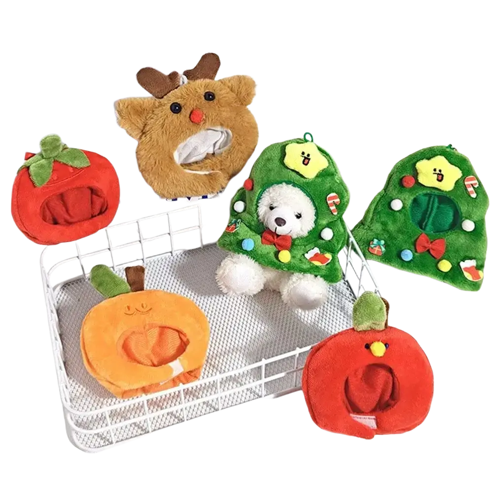 Plush doll headgear animal costume 10cm featuring soft brown reindeer orange pumpkin and green christmas tree designs