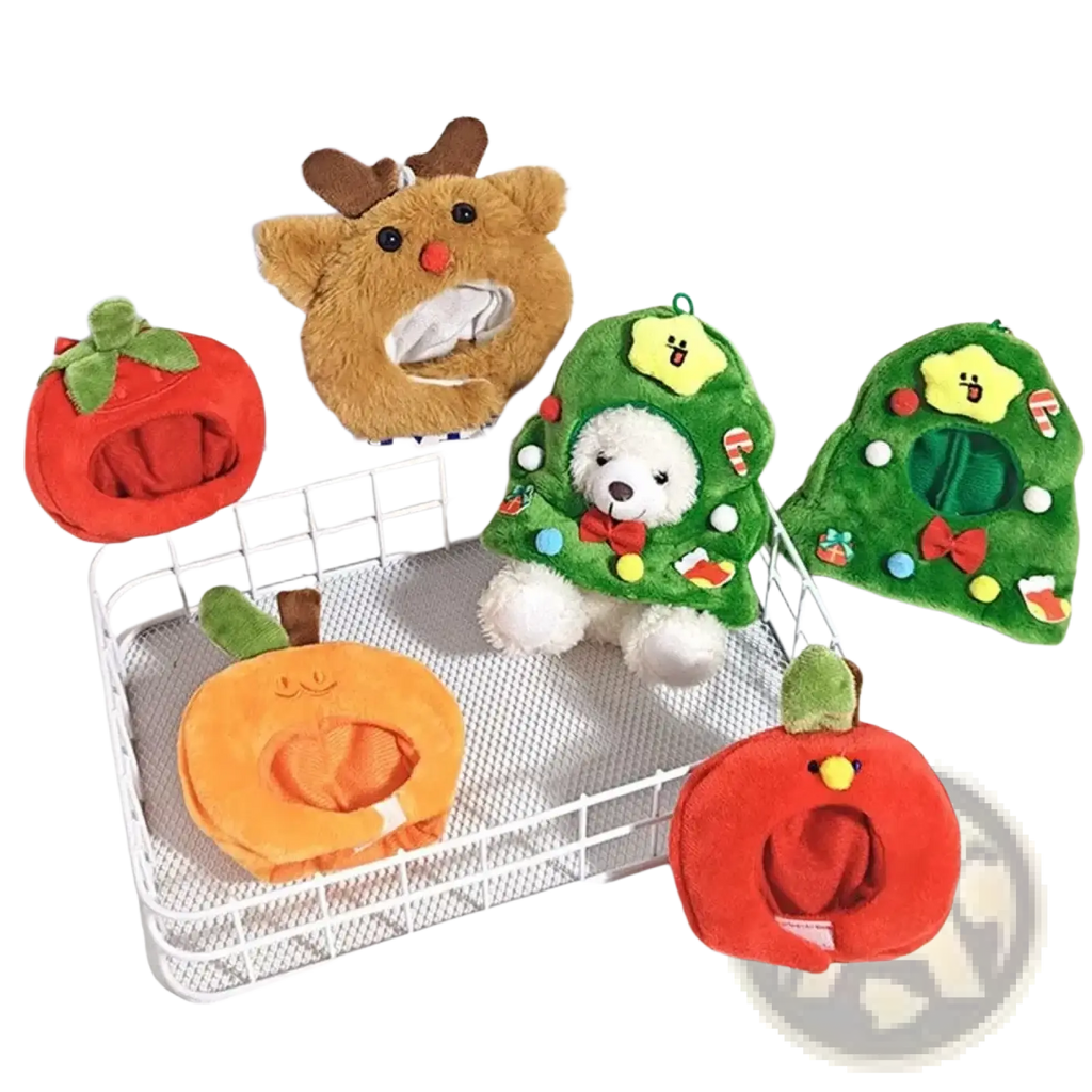 Plush doll headgear animal costume 10cm featuring soft brown reindeer orange pumpkin and green christmas tree designs