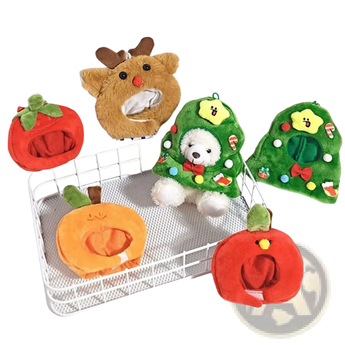 Plush doll headgear animal costume 10cm featuring soft brown reindeer orange pumpkin and green christmas tree designs