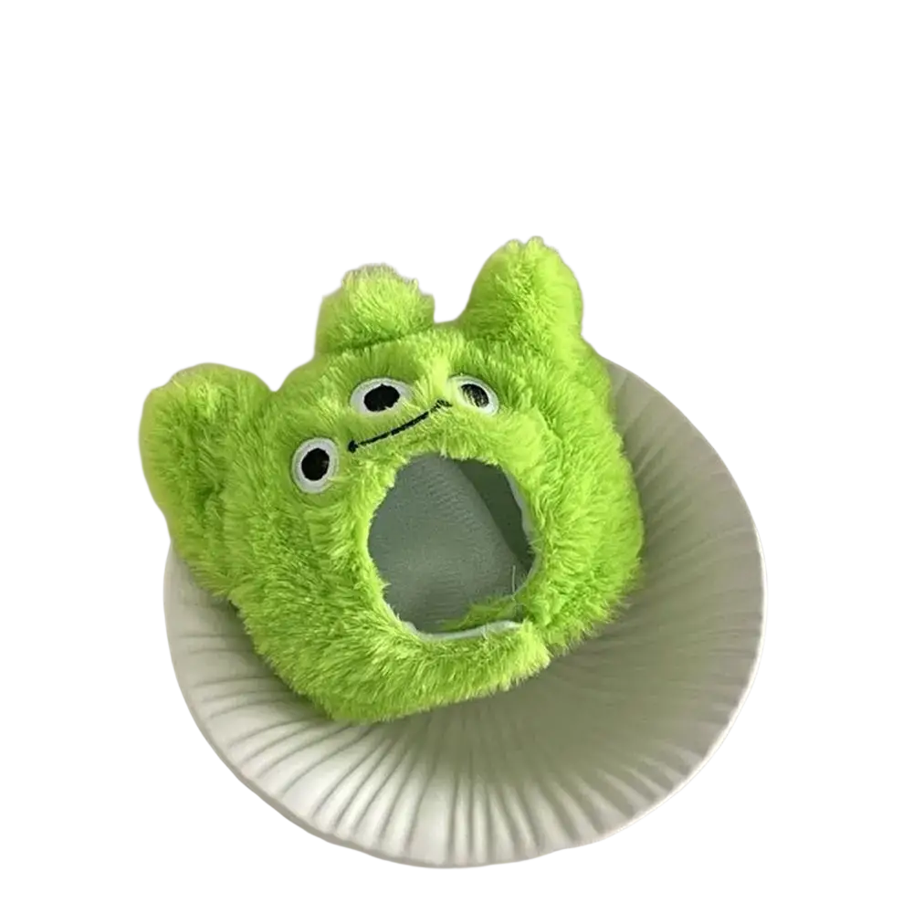 Bright green fluffy plush doll headgear ear warmer with embroidered black eyes and smiling face 10cm animal costume