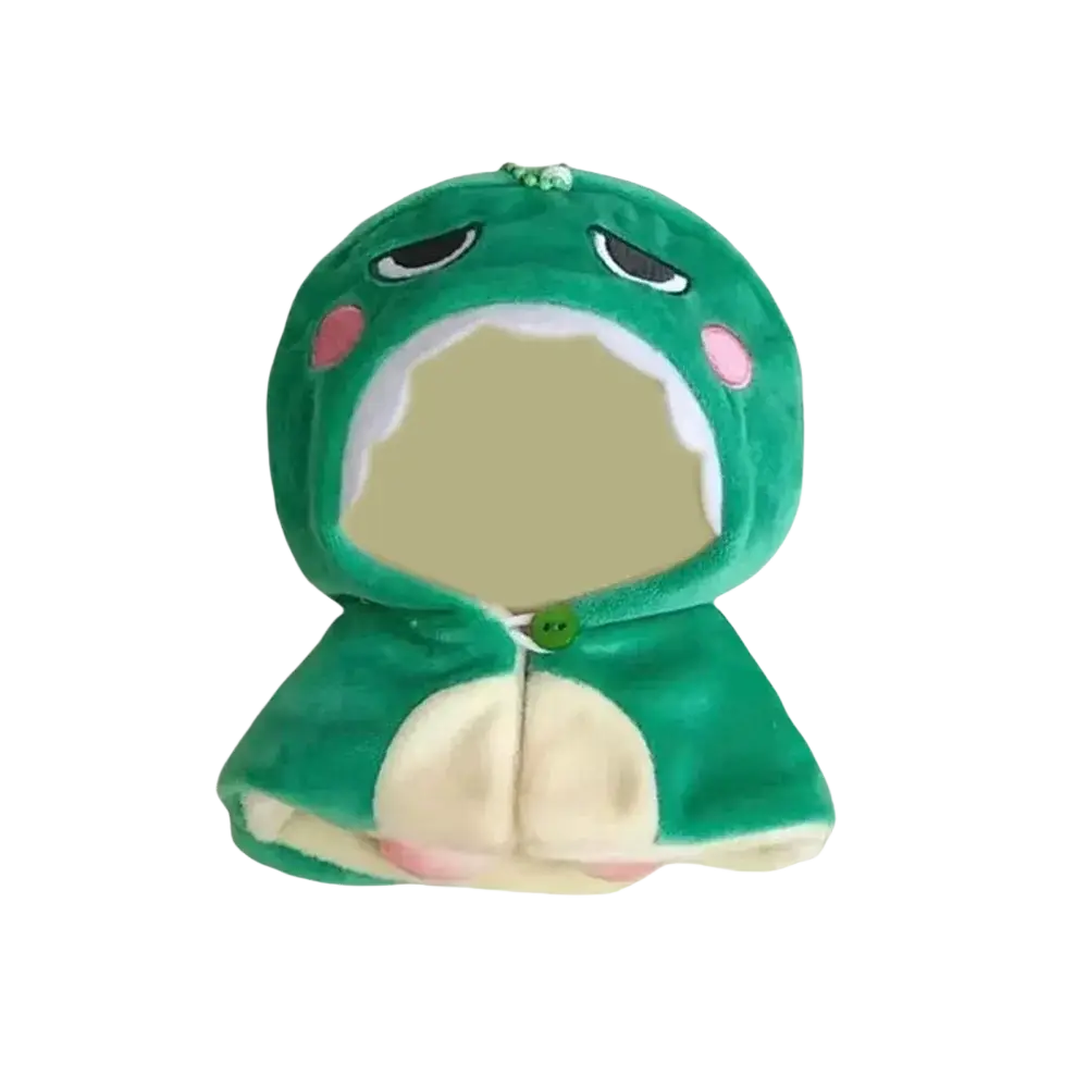 Plush doll headgear animal costume 10cm featuring a green dinosaur hooded cape with pink cheeks and beige belly patch