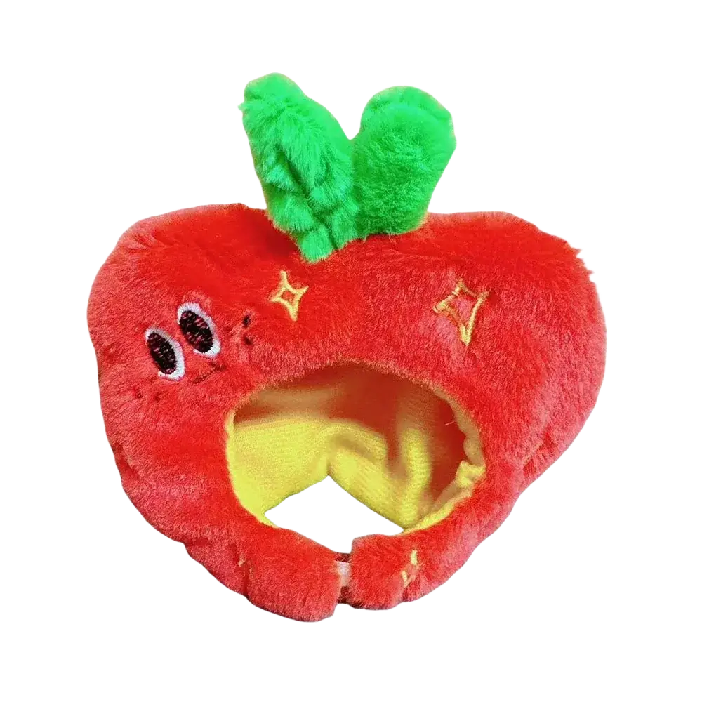 Plush doll headgear animal costume 10cm featuring a red apple-shaped pet hat with green fuzzy leaves and embroidered eyes