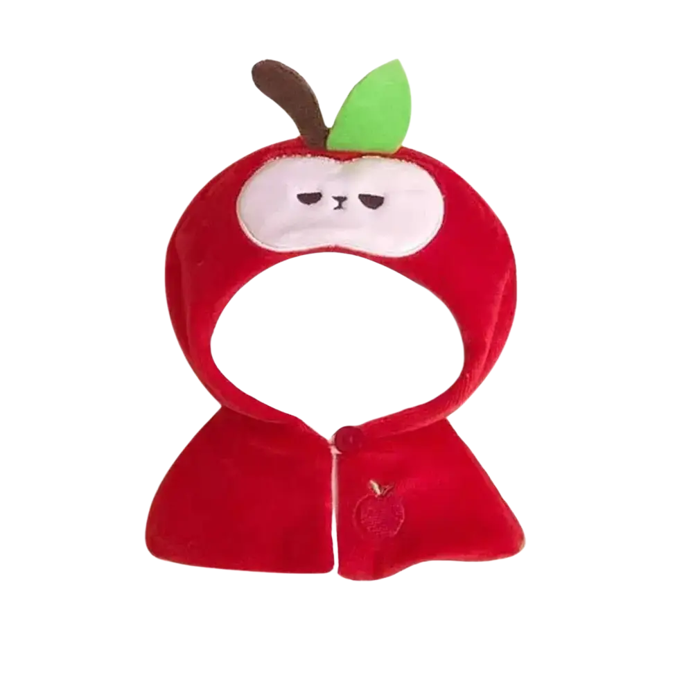 Plush doll headgear in red plush shaped like an apple with a green leaf brown stem and a cute face design on the front