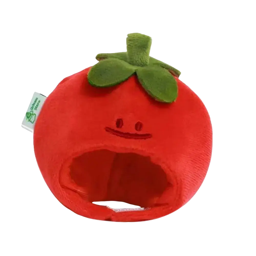 Red plush tomato-shaped pet bed with green leafy top and embroidered face for plush doll headgear animal costume 10cm