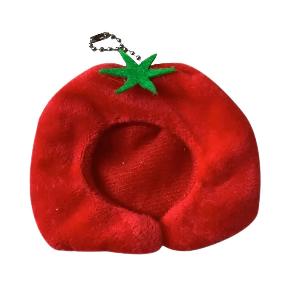 Red plush doll headgear animal costume keychain shaped like tomato with green felt stem and silver chain 10cm