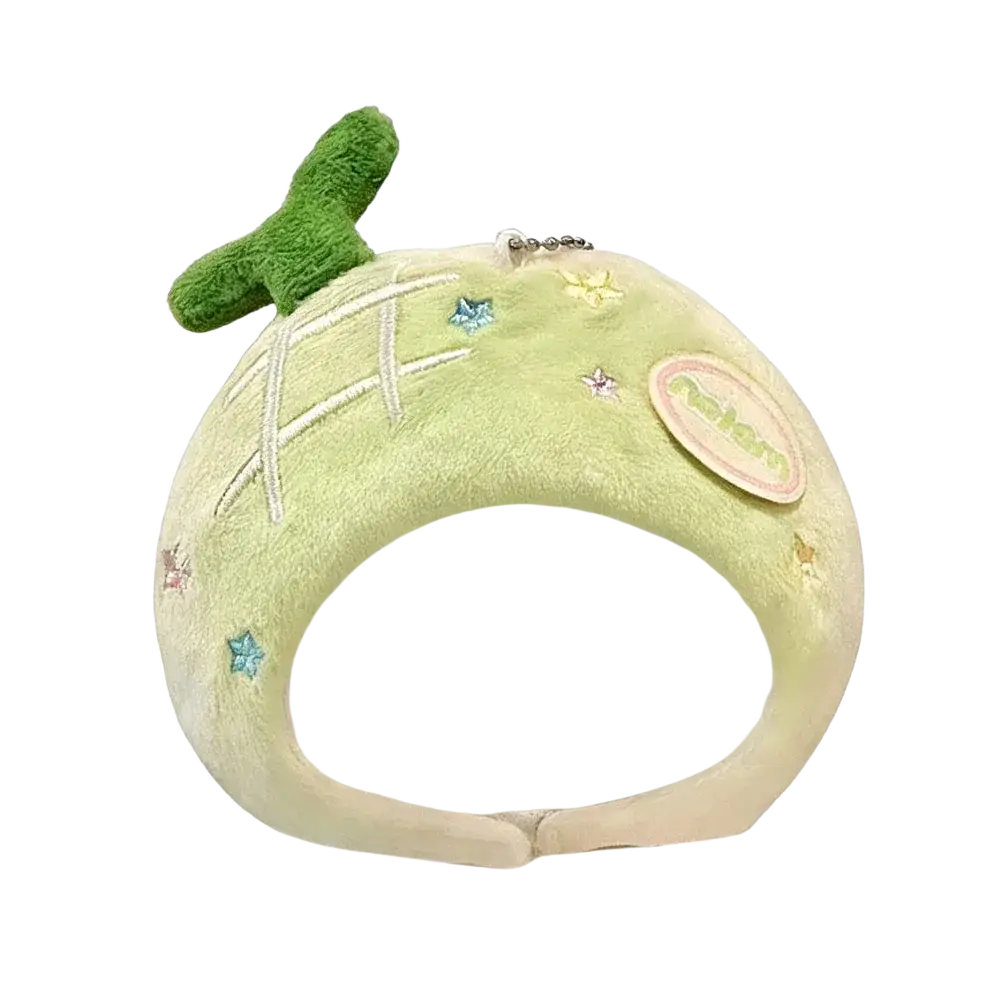 A soft light green plush doll headgear keychain shaped like a melon with embroidered stars and stitched stem 10cm