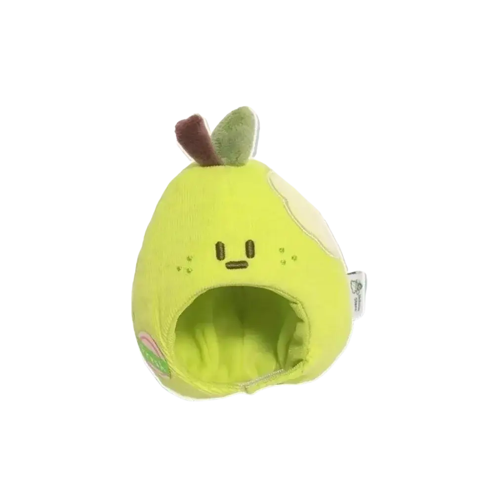 Plush doll headgear animal costume 10cm featuring a soft lime green plush pear-shaped bed with cute face and brown stem