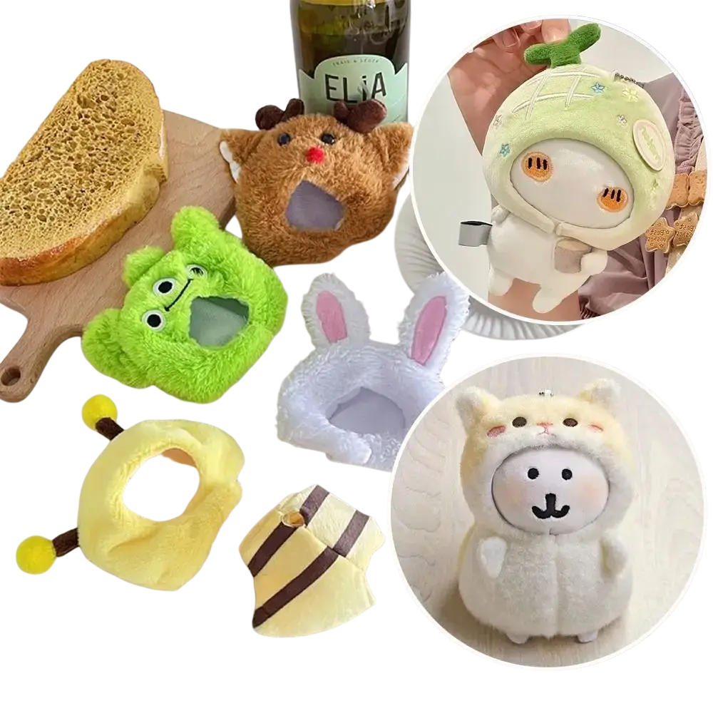 Soft plush animal-shaped pet hats in green brown yellow white and beige made of soft material for costume use 10cm size