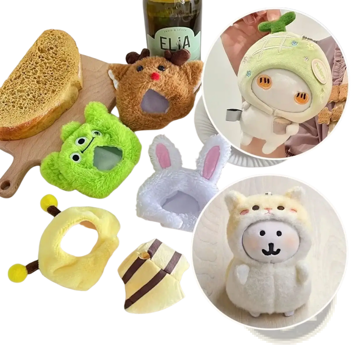 Soft plush animal-shaped pet hats in green brown yellow white and beige made of soft material for costume use 10cm size