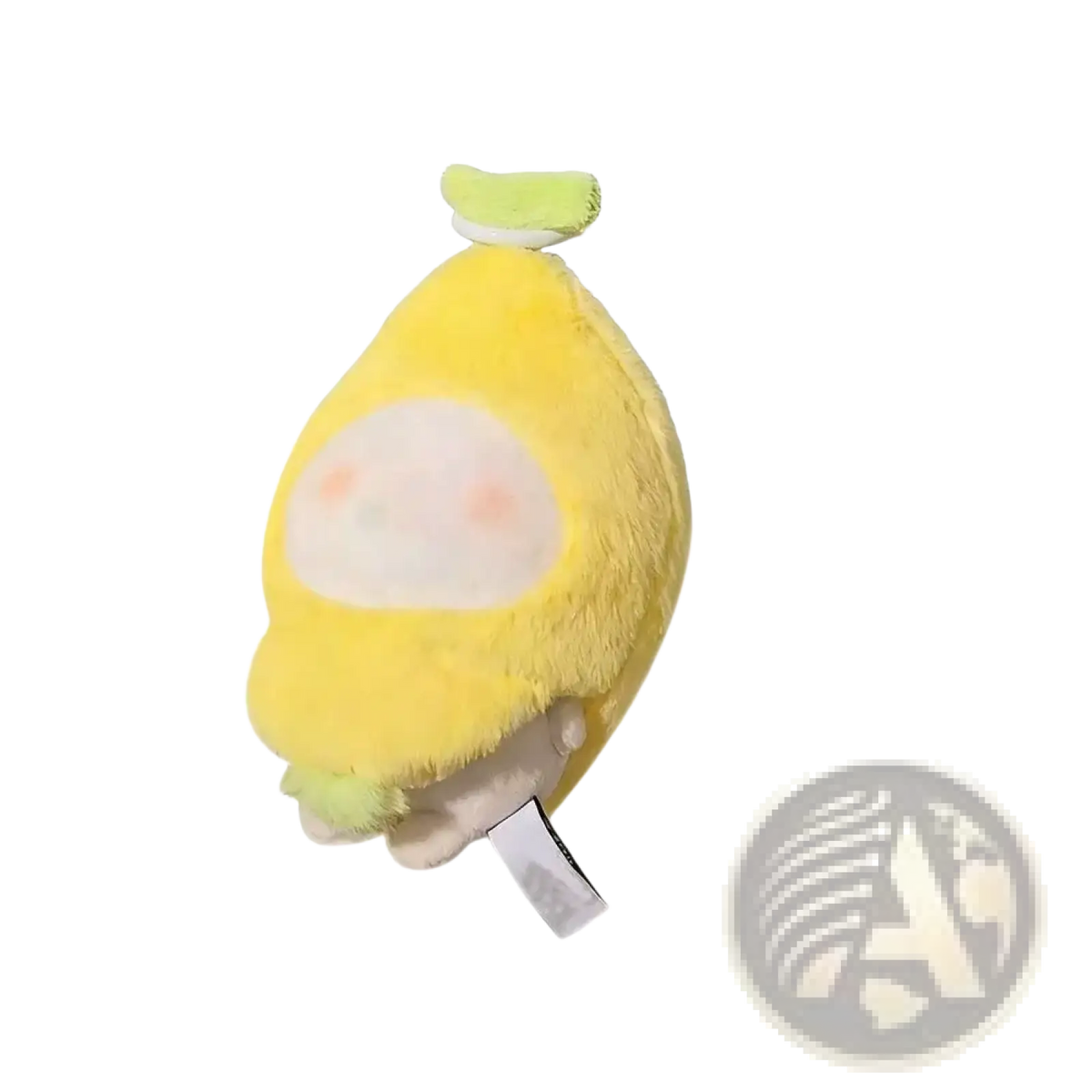 A soft yellow plush doll headgear shaped like a lemon with a white face and light green stem 10cm tall