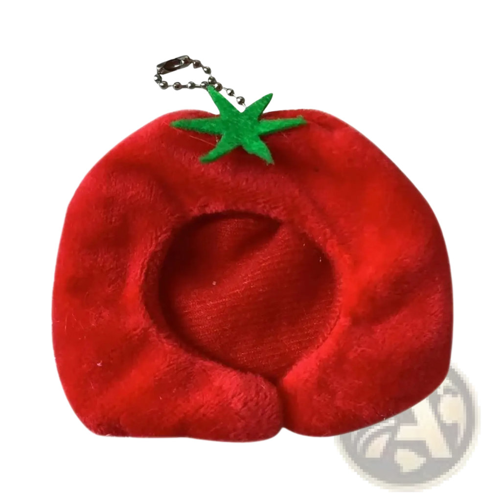 Red plush doll headgear animal costume keychain shaped like tomato with green felt stem and silver chain 10cm