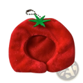 Red plush doll headgear animal costume keychain shaped like tomato with green felt stem and silver chain 10cm