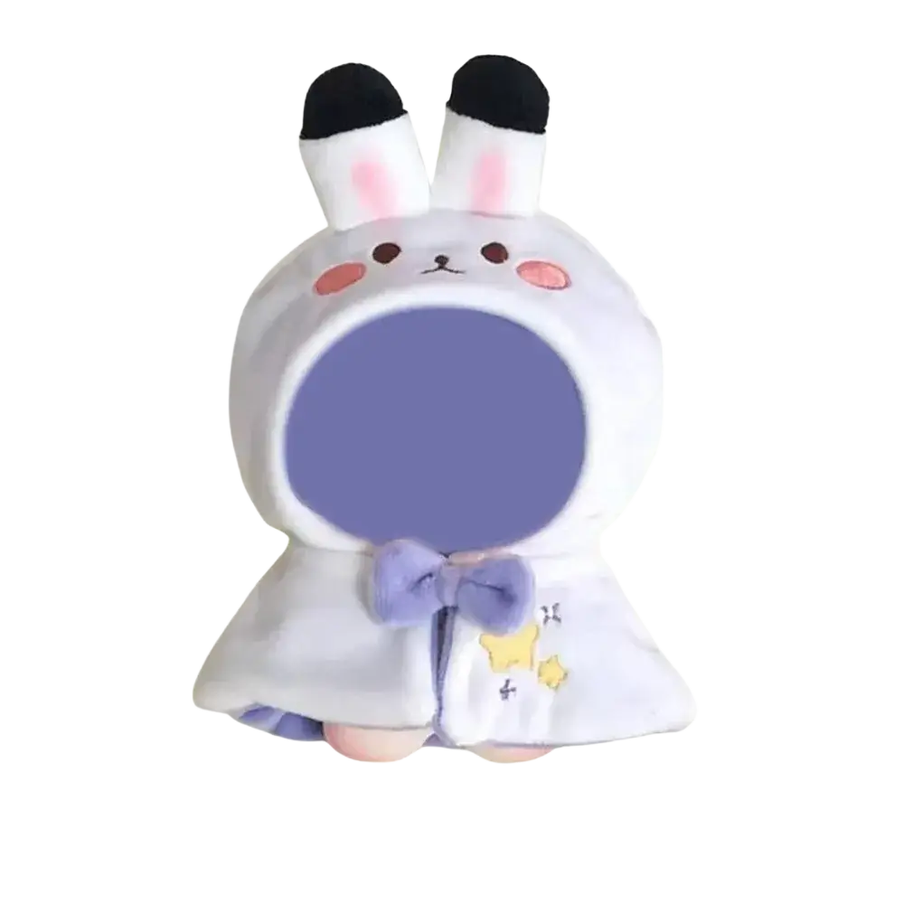 White plush bunny hooded cape with black-tipped ears pink cheeks and purple bow designed as 10cm animal costume headgear