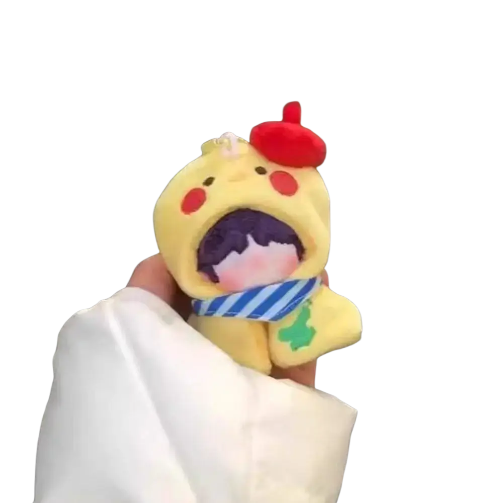 Yellow plush chick keychain wearing red beret and blue striped scarf in a 10cm animal costume headgear plush doll