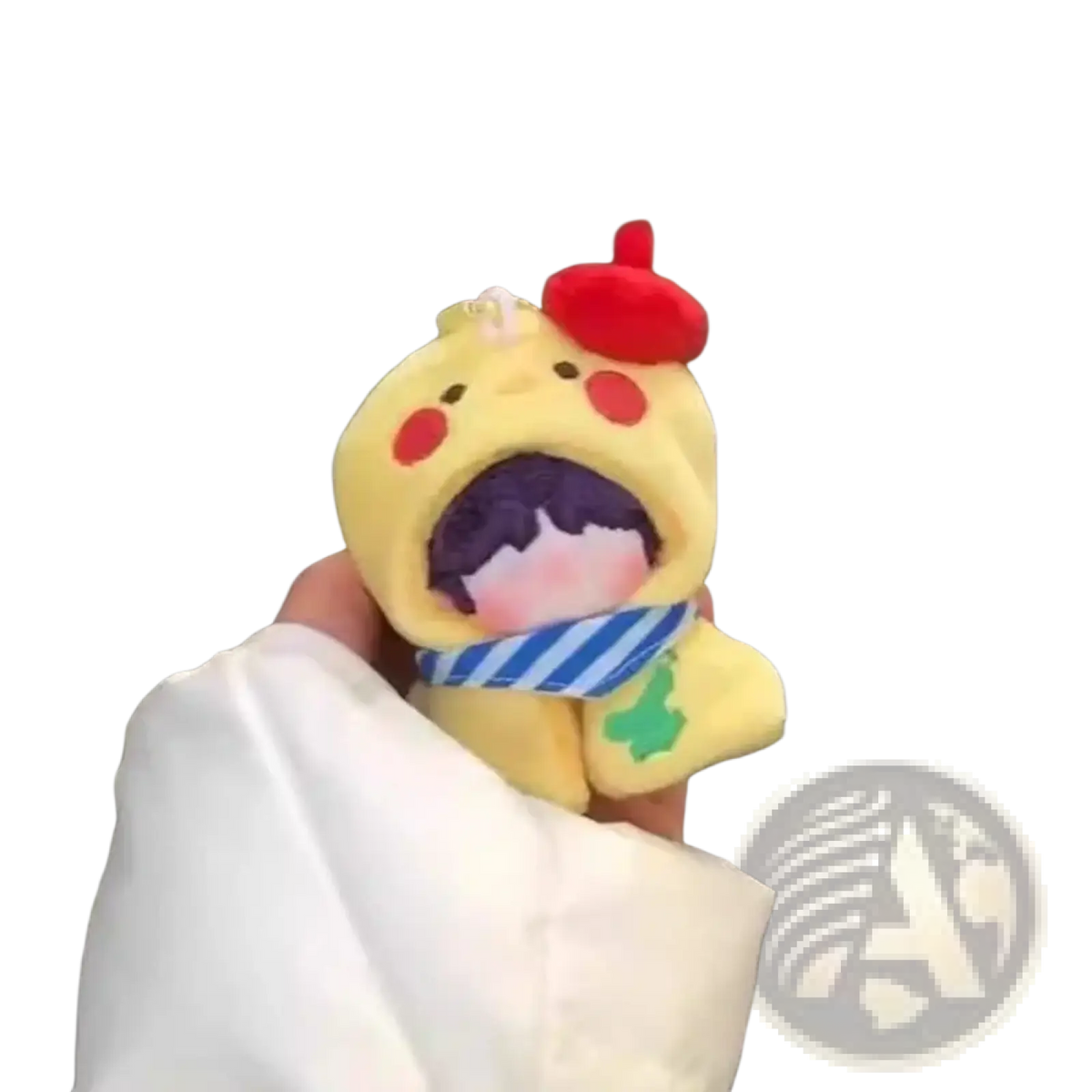 Yellow plush chick keychain wearing red beret and blue striped scarf in a 10cm animal costume headgear plush doll