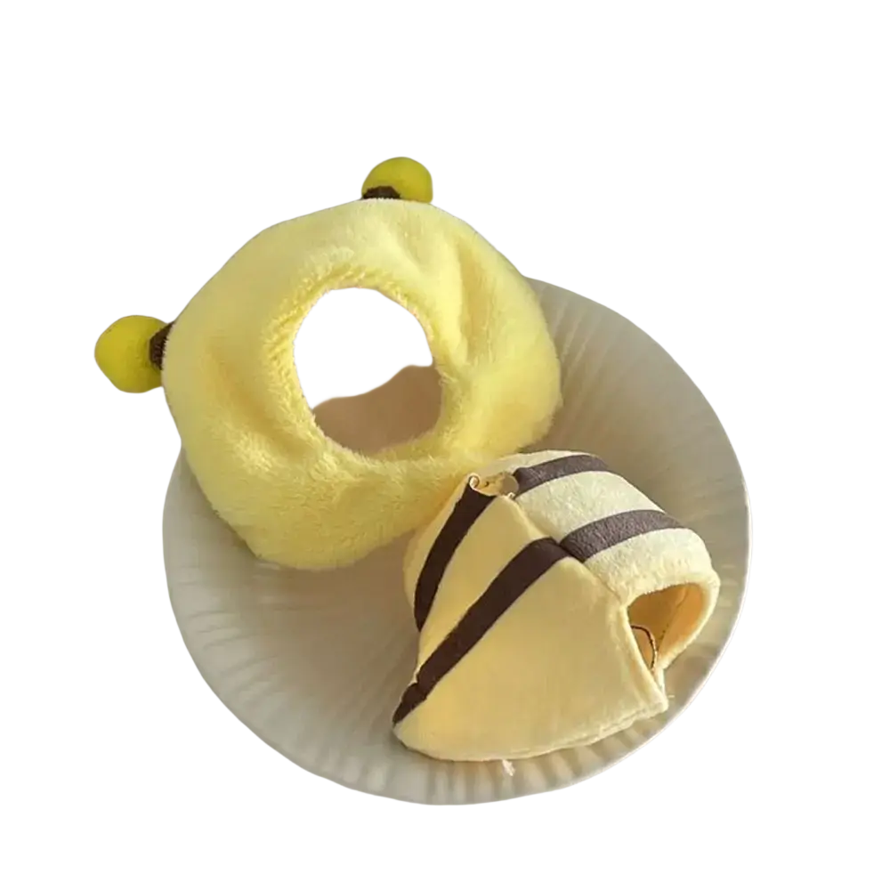 Plush doll headgear animal costume shaped like a yellow fuzzy bee with brown stripes and antennae, 10cm size
