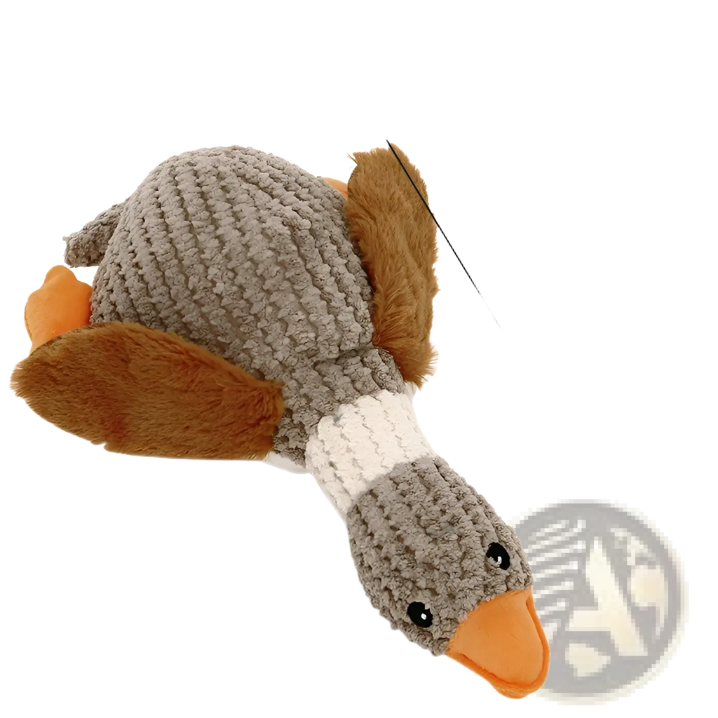 A plush duck dog toy with a gray knitted body and brown wings designed for bite resistant molar chewing