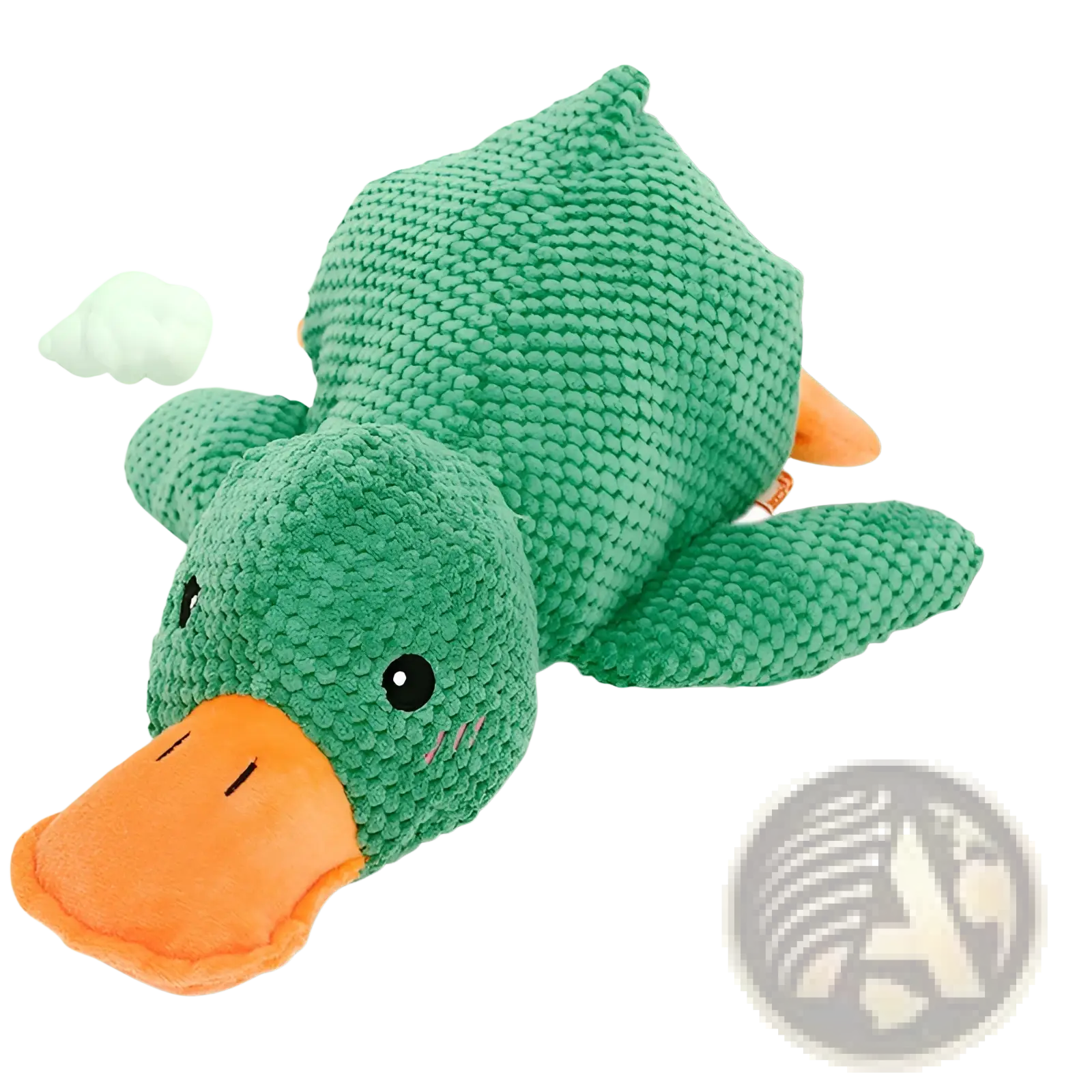 Soft green knitted plush duck dog toy with orange beak and feet featuring bite resistant molar chew design