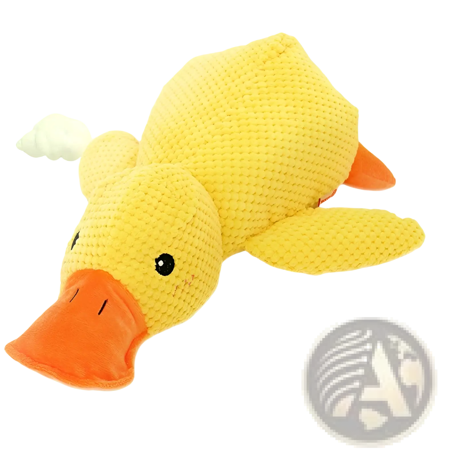A yellow plush duck bite resistant dog toy made from textured knit fabric for molar chew use