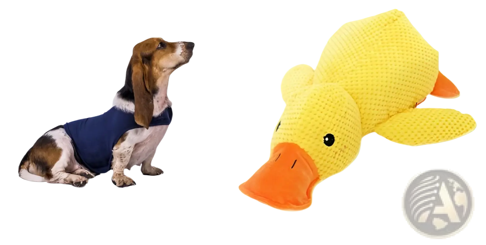 Yellow crocheted plush duck dog toy with orange beak and feet designed as a bite resistant molar chew toy
