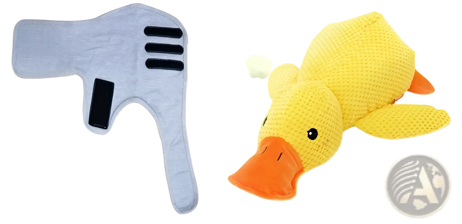 Yellow crocheted plush duck dog toy with orange beak and feet designed as a bite resistant molar chew toy