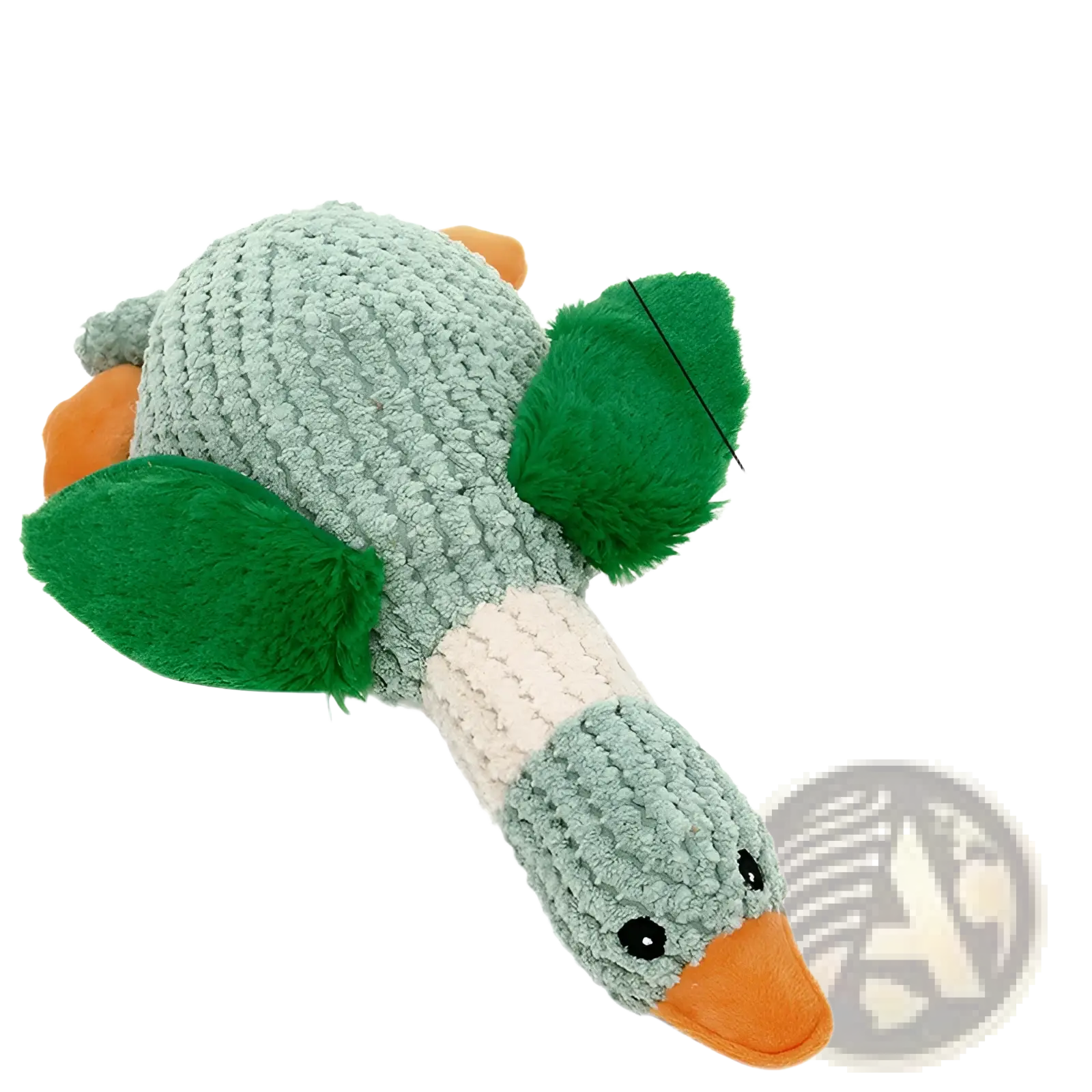 Plush duck dog toy made of knitted fabric in light green with orange beak and feet designed for bite resistant chewing