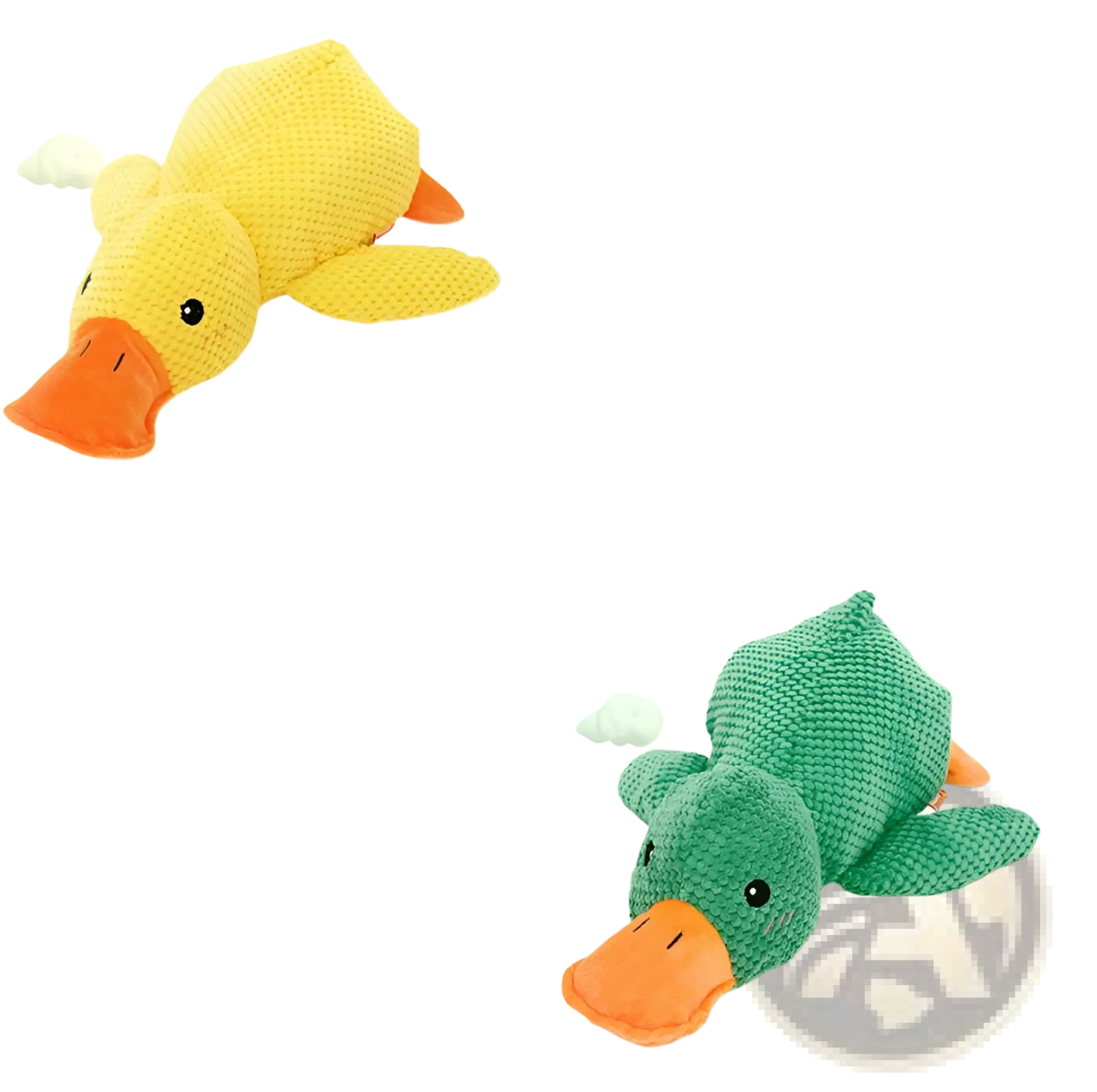 Yellow and green crocheted plush duck dog toy with orange beak bite resistant molar chew toy
