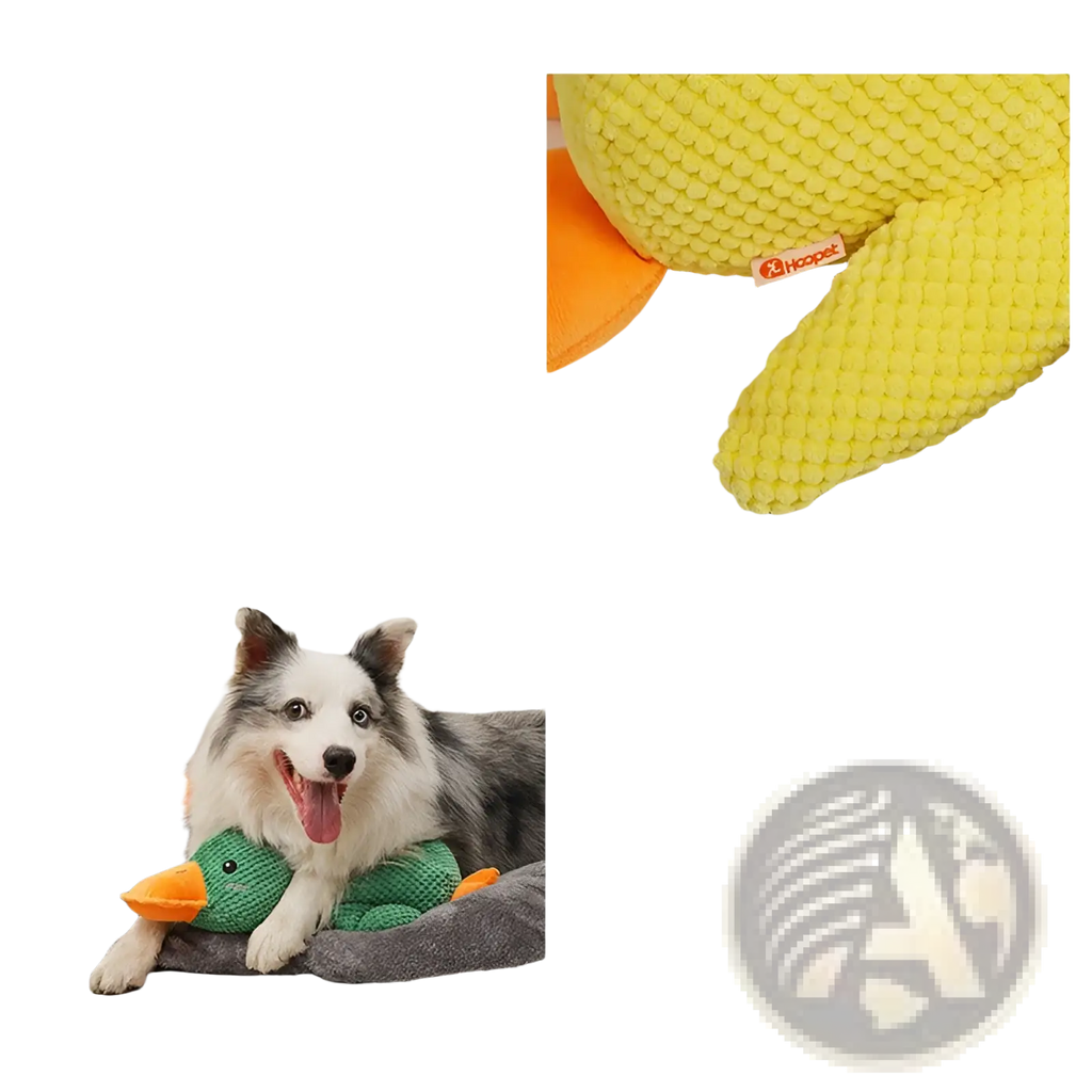 Bright yellow textured plush duck dog toy with orange feet and beak designed as a bite resistant molar chew toy