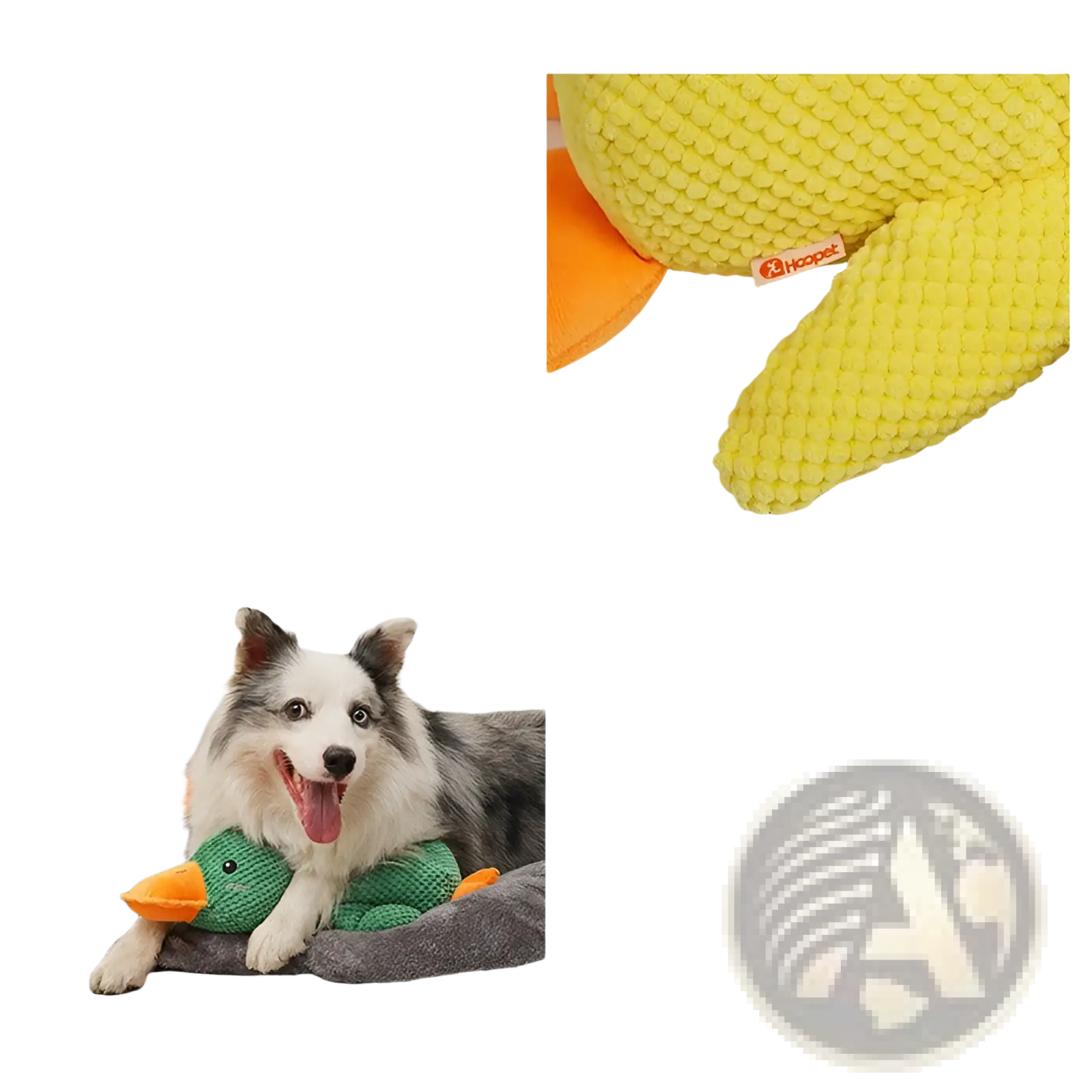 Bright yellow textured plush duck dog toy with orange feet and beak designed as a bite resistant molar chew toy