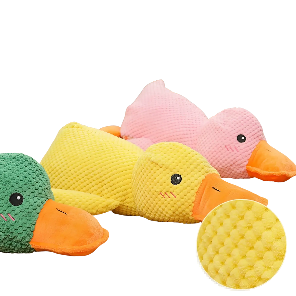 Soft plush duck dog toys bite resistant in vibrant green yellow and pink corduroy with orange beaks