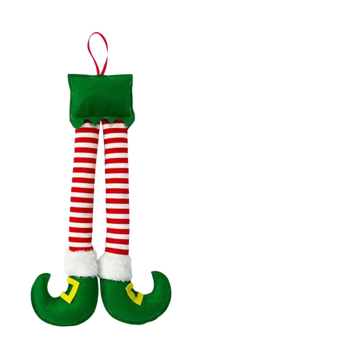 Plush elf legs car and tree christmas decoration with green and red striped felt legs white fur trim and yellow buckle shoes