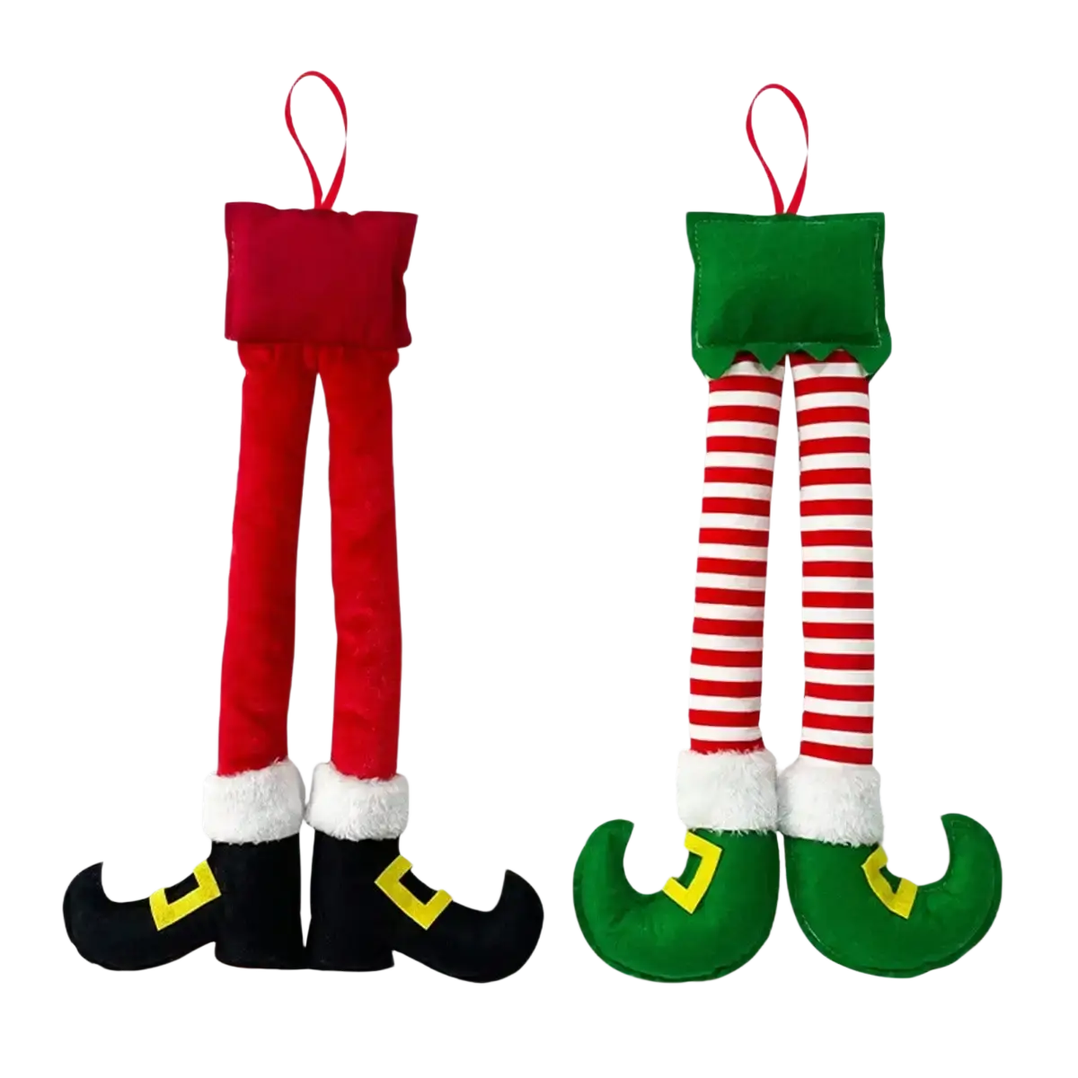 Plush elf legs car and tree christmas decoration with red and green striped socks fluffy white cuffs and yellow buckles