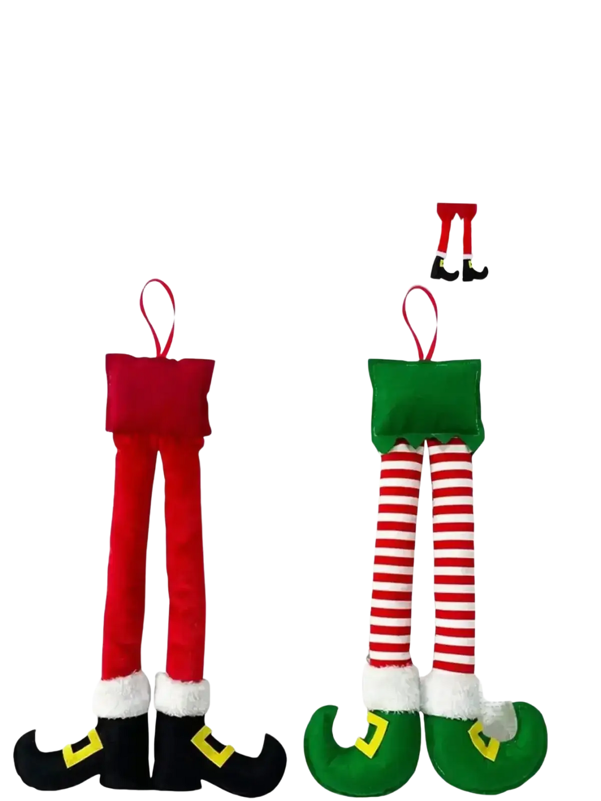 Plush elf legs featuring red and green striped socks with fuzzy cuffs and pointed shoes for car and tree decoration