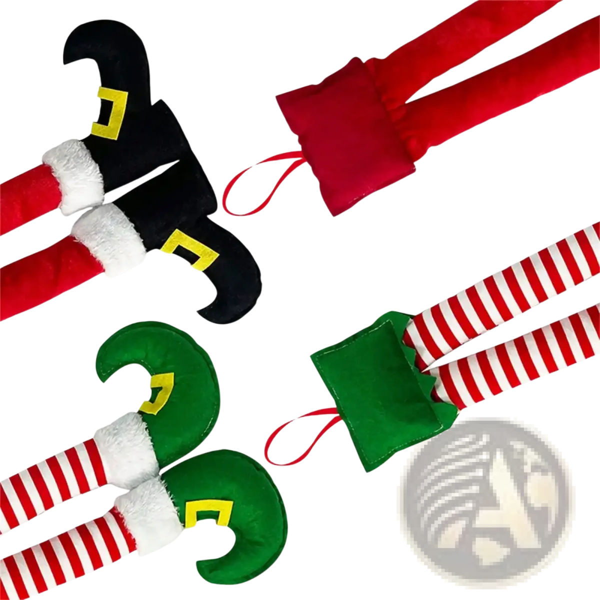 Plush elf legs car and tree Christmas decoration with red and green striped socks and pointed hats with yellow buckles