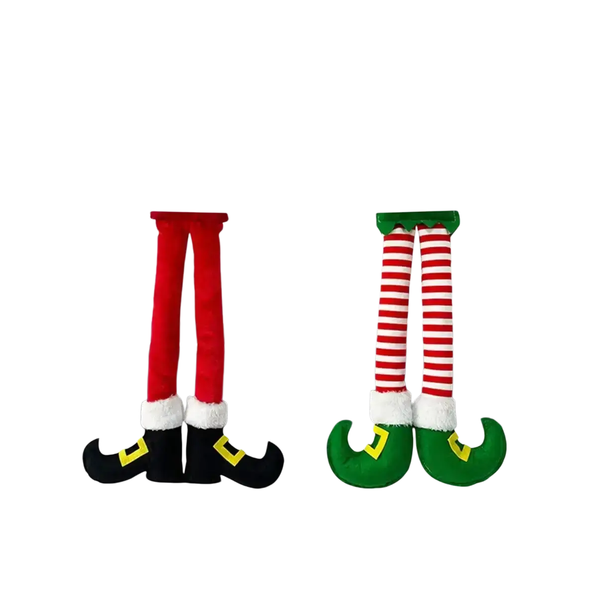 Plush elf legs decoration with red and green plush striped socks white cuffs and yellow buckle shoes for car and tree