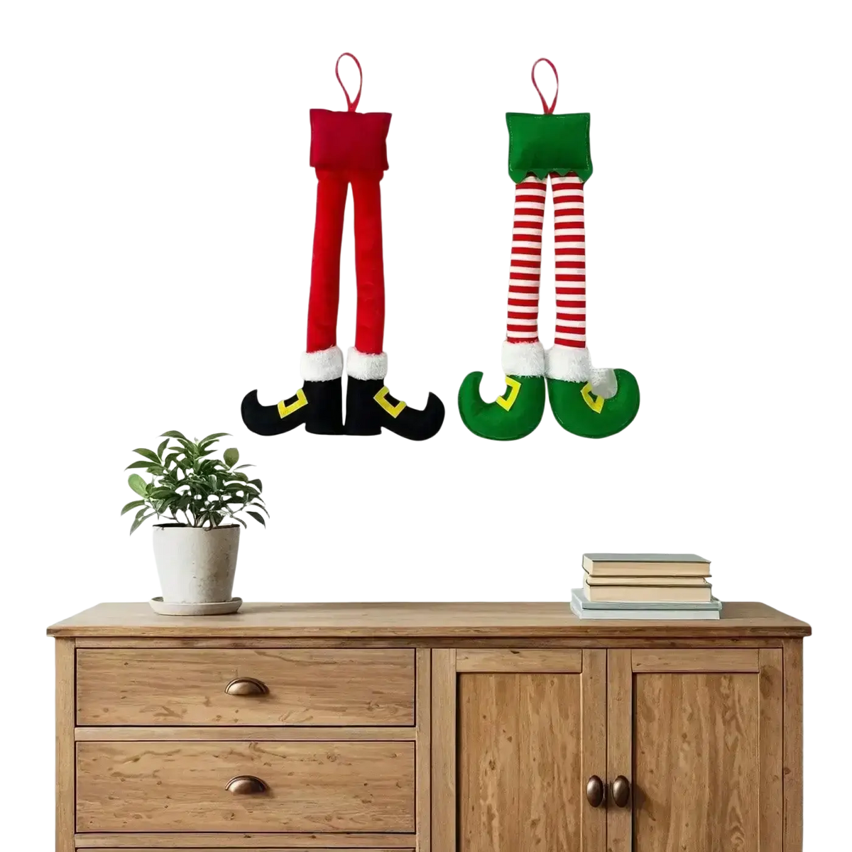 Plush elf legs car and tree christmas decoration featuring red and green striped socks with matching shoes
