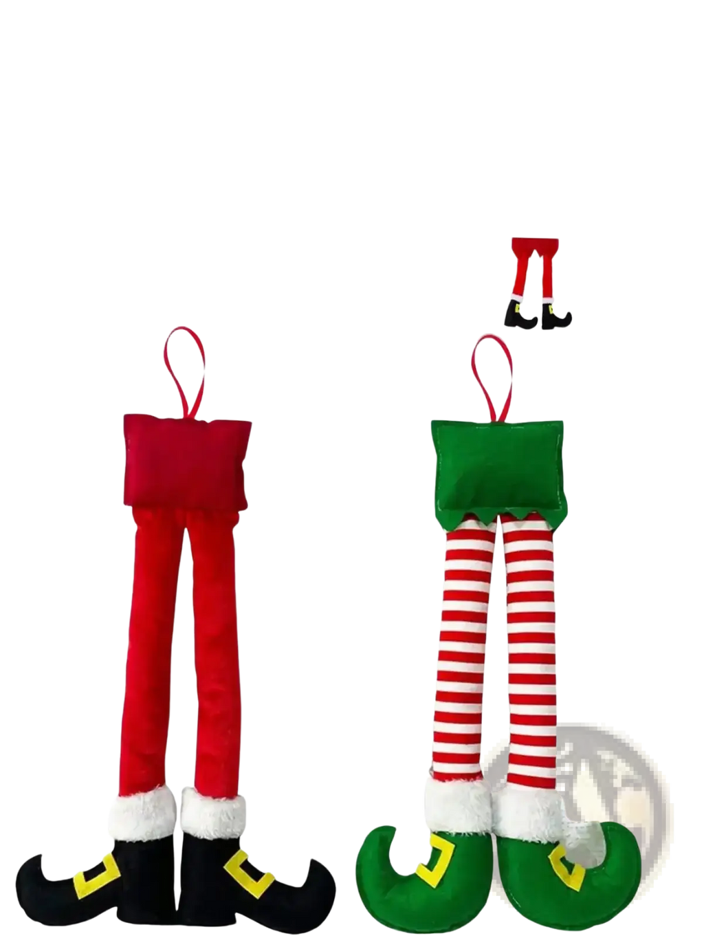 Plush elf legs car and tree christmas decoration featuring red and green plush legs with striped socks and fuzzy cuffs