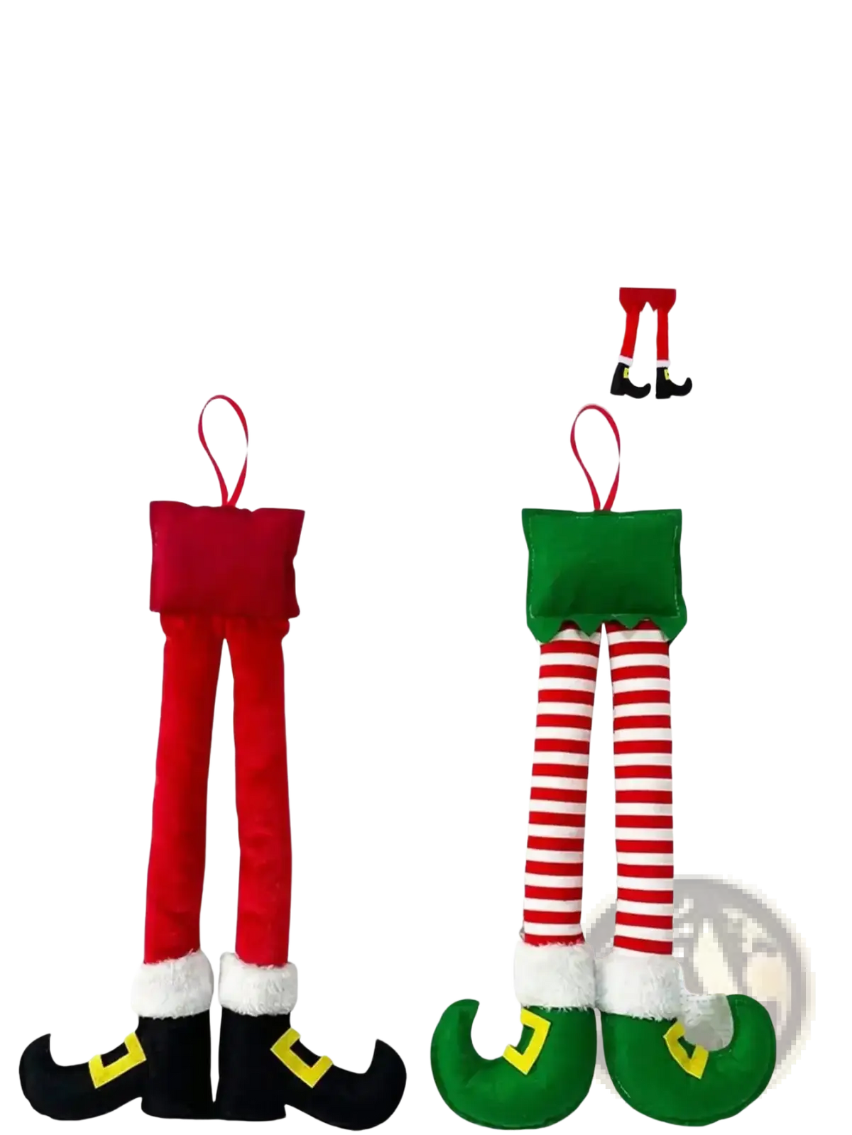 Plush elf legs car and tree christmas decoration featuring red and green plush legs with striped socks and fuzzy cuffs