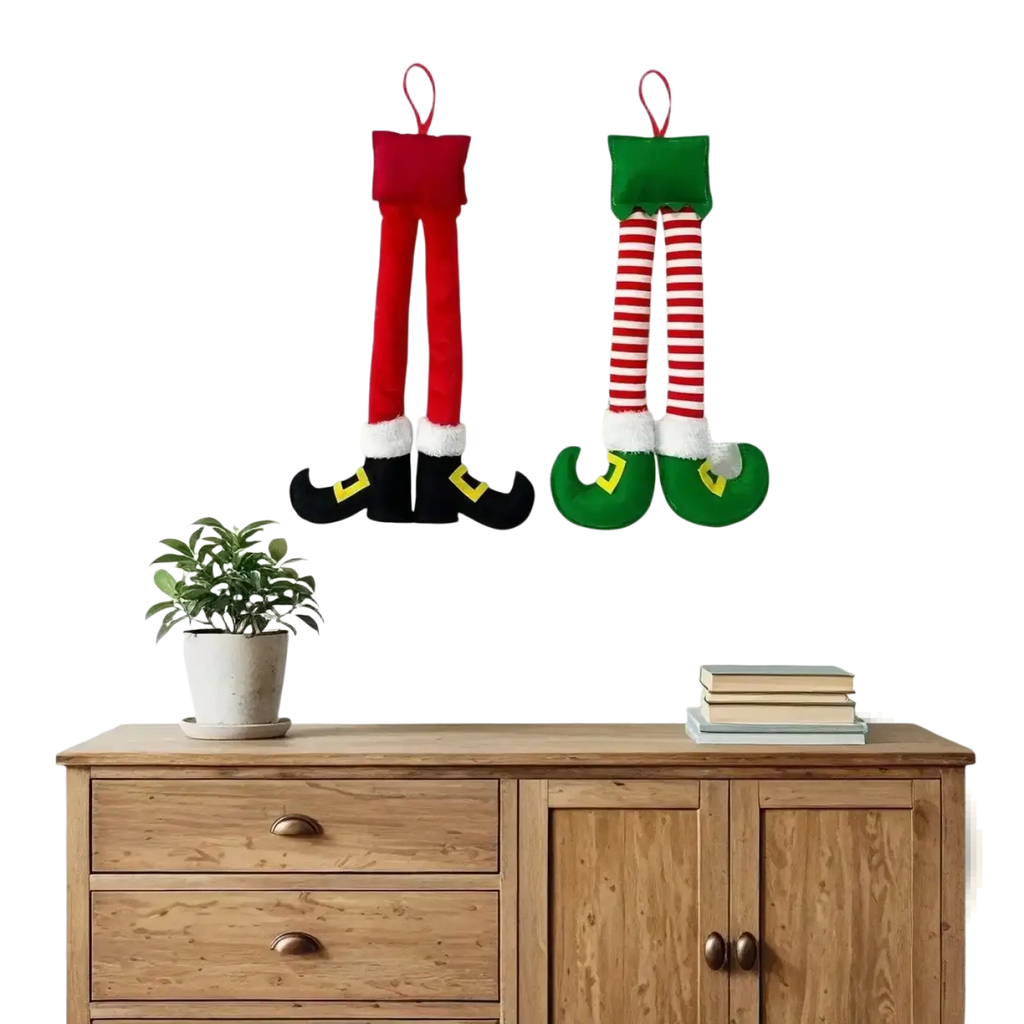 Plush elf legs car and tree christmas decoration featuring red and green striped socks with matching shoes