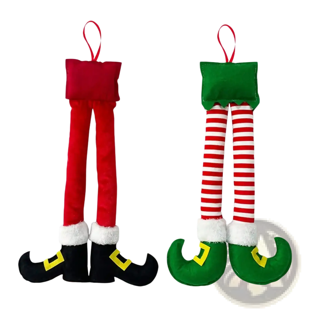 Plush elf legs car and tree christmas decoration with red and green striped socks fluffy white cuffs and yellow buckles