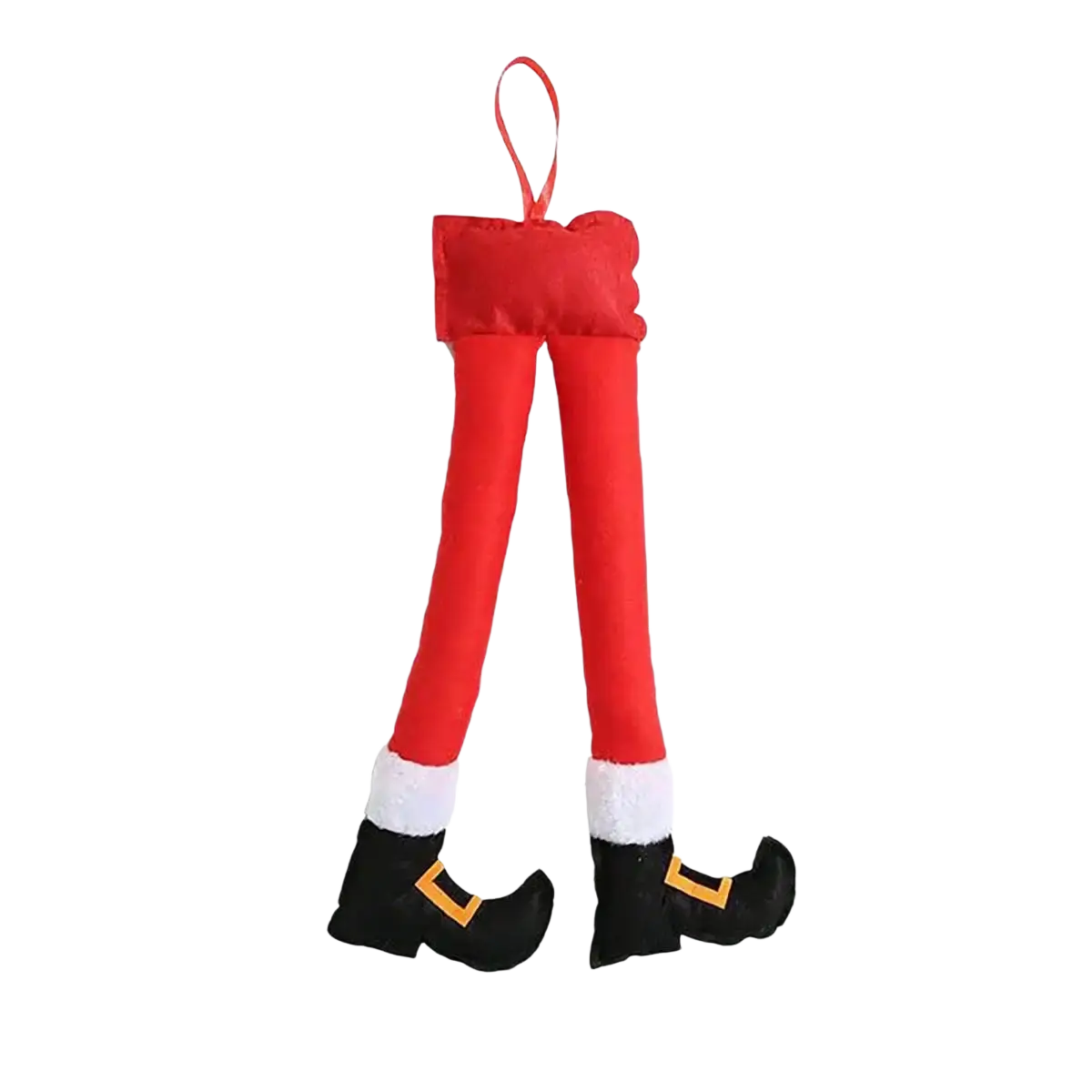Plush elf legs car and tree christmas decoration featuring red plush santa claus legs with black boots and white cuffs