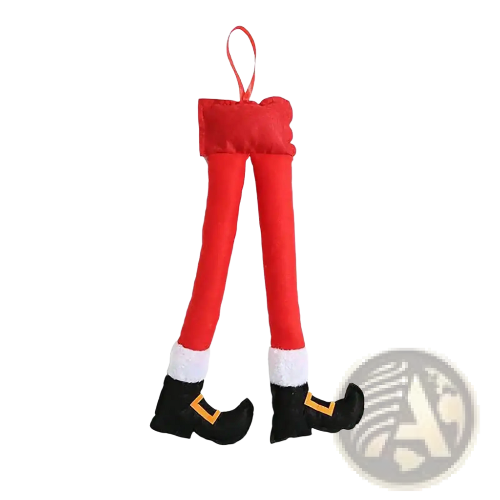 Plush elf legs car and tree christmas decoration featuring red plush santa claus legs with black boots and white cuffs