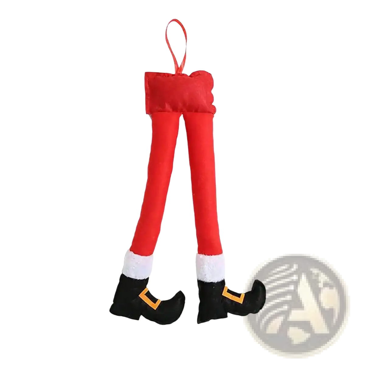 Plush elf legs car and tree christmas decoration featuring red plush santa claus legs with black boots and white cuffs