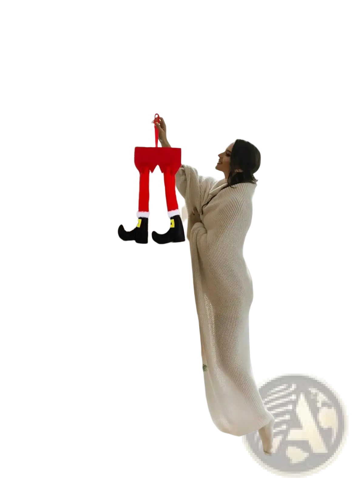 Red santa claus-themed plush elf legs hanging ornament with black boots and white trim for car and tree decoration