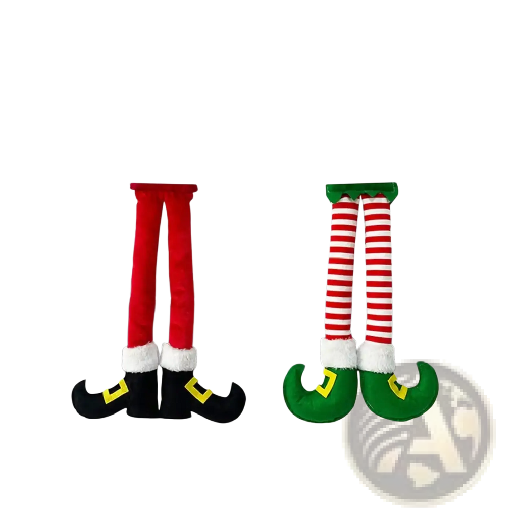 Plush elf legs car and tree christmas decoration featuring two festive fabric elf leg ornaments in red and striped designs