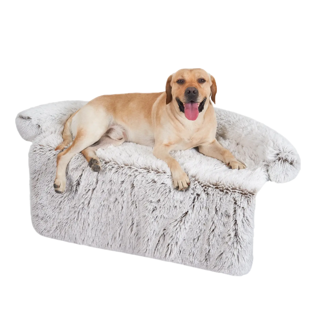 A plush gray faux fur dog bed sofa with a cozy cushioned design and soft fluffy texture for warmth and comfort