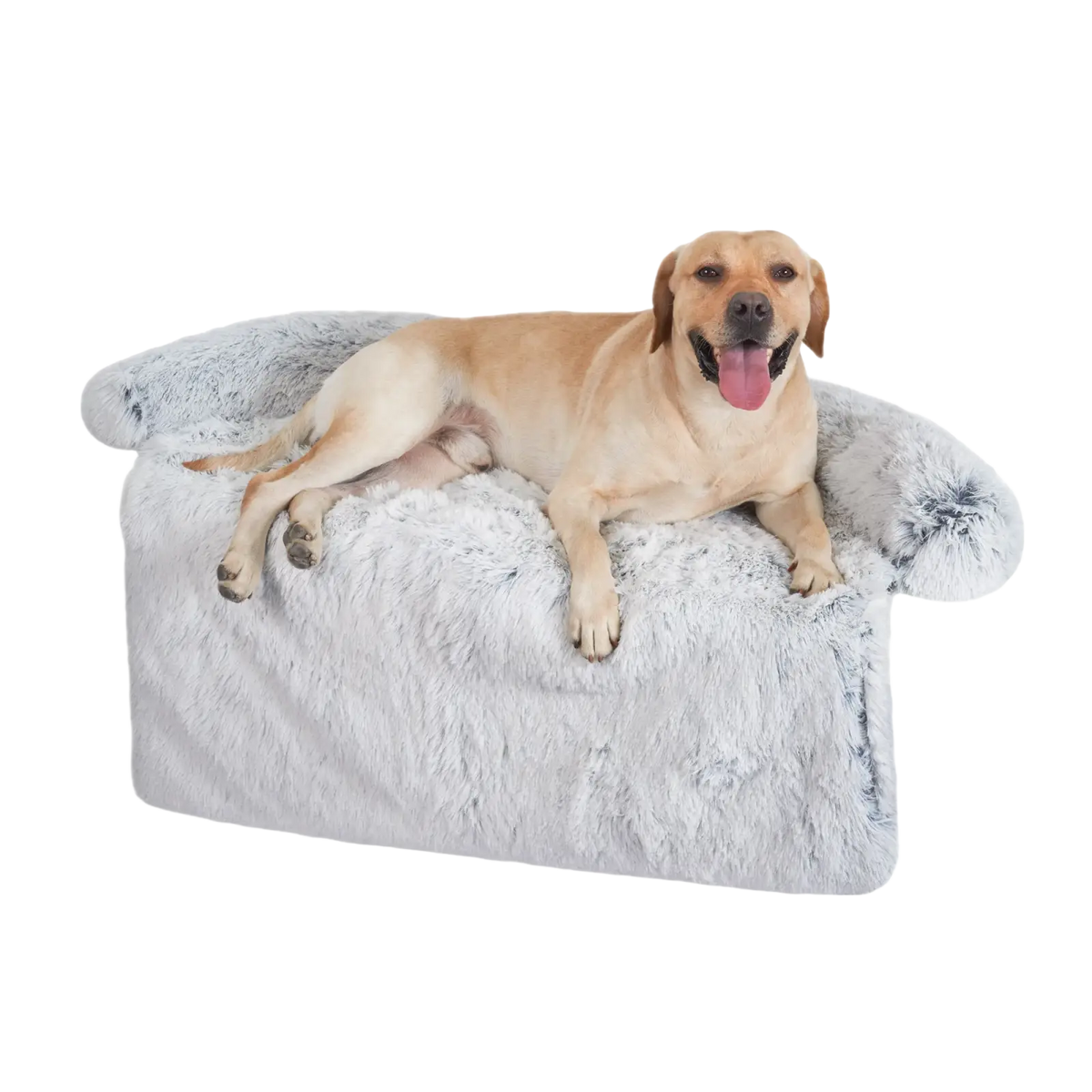 A plush light gray faux fur dog bed sofa with soft fluffy texture and rounded armrests for a warm washable nest